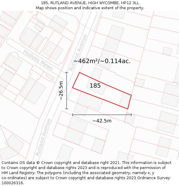 185, RUTLAND AVENUE, HIGH WYCOMBE, HP12 3LL: Plot and title map