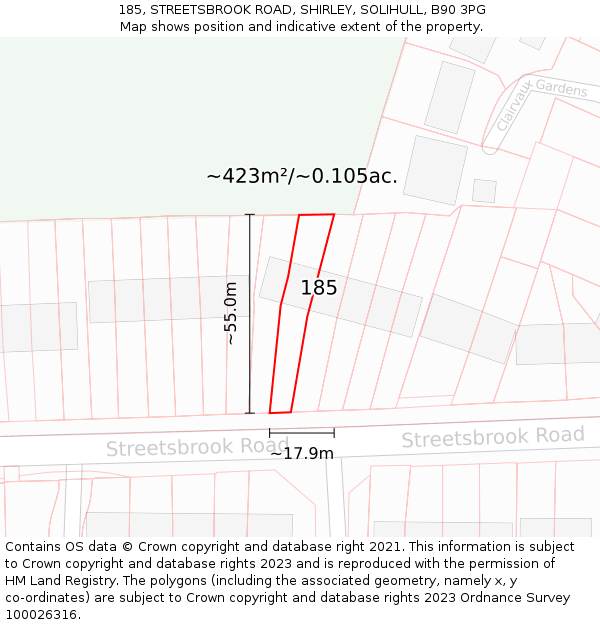 185, STREETSBROOK ROAD, SHIRLEY, SOLIHULL, B90 3PG: Plot and title map