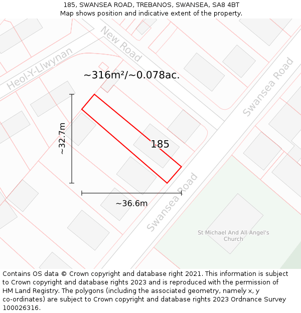 185, SWANSEA ROAD, TREBANOS, SWANSEA, SA8 4BT: Plot and title map