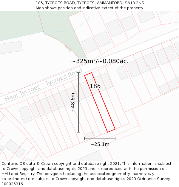185, TYCROES ROAD, TYCROES, AMMANFORD, SA18 3NS: Plot and title map