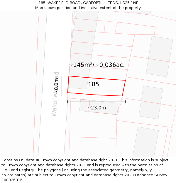 185, WAKEFIELD ROAD, GARFORTH, LEEDS, LS25 1NE: Plot and title map