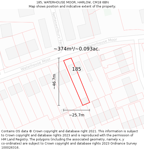 185, WATERHOUSE MOOR, HARLOW, CM18 6BN: Plot and title map