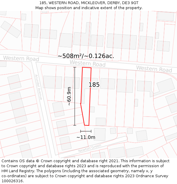 185, WESTERN ROAD, MICKLEOVER, DERBY, DE3 9GT: Plot and title map