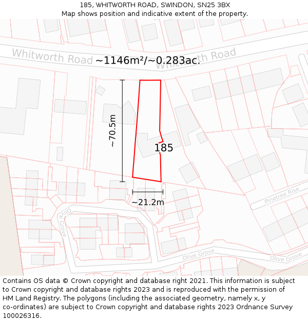 185, WHITWORTH ROAD, SWINDON, SN25 3BX: Plot and title map