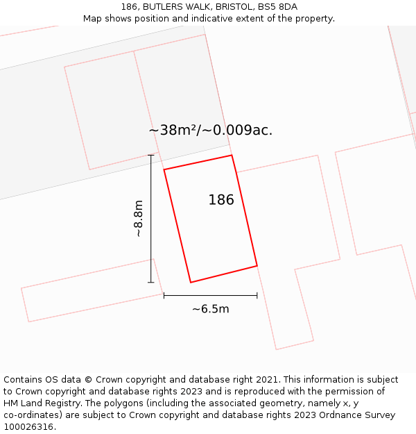 186, BUTLERS WALK, BRISTOL, BS5 8DA: Plot and title map