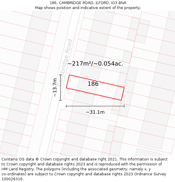 186, CAMBRIDGE ROAD, ILFORD, IG3 8NA: Plot and title map
