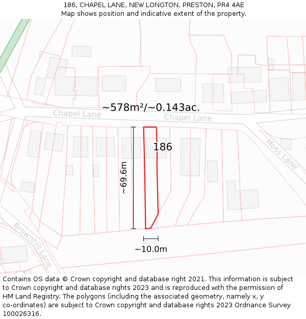 186, CHAPEL LANE, NEW LONGTON, PRESTON, PR4 4AE: Plot and title map