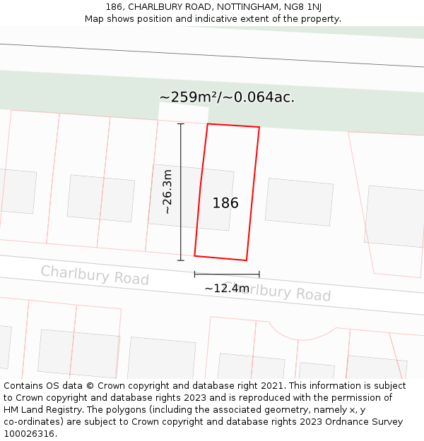 186, CHARLBURY ROAD, NOTTINGHAM, NG8 1NJ: Plot and title map