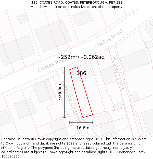 186, COATES ROAD, COATES, PETERBOROUGH, PE7 2BE: Plot and title map