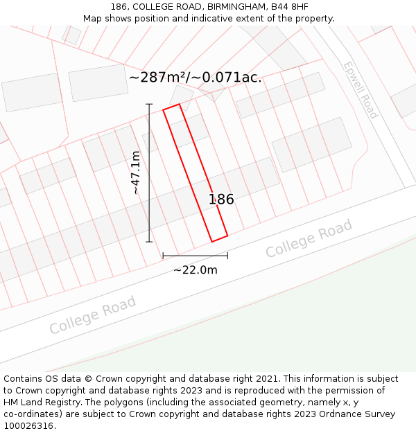 186, COLLEGE ROAD, BIRMINGHAM, B44 8HF: Plot and title map