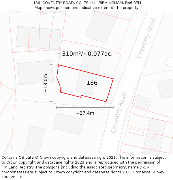 186, COVENTRY ROAD, COLESHILL, BIRMINGHAM, B46 3EH: Plot and title map