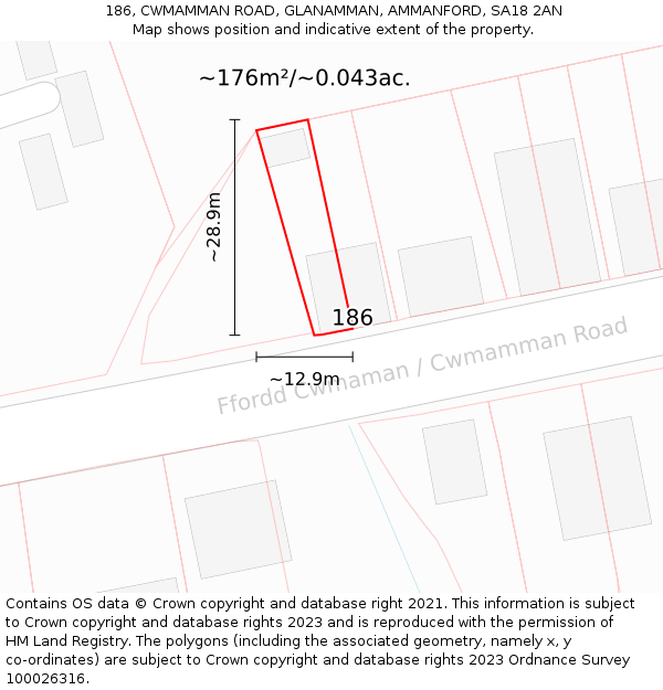 186, CWMAMMAN ROAD, GLANAMMAN, AMMANFORD, SA18 2AN: Plot and title map