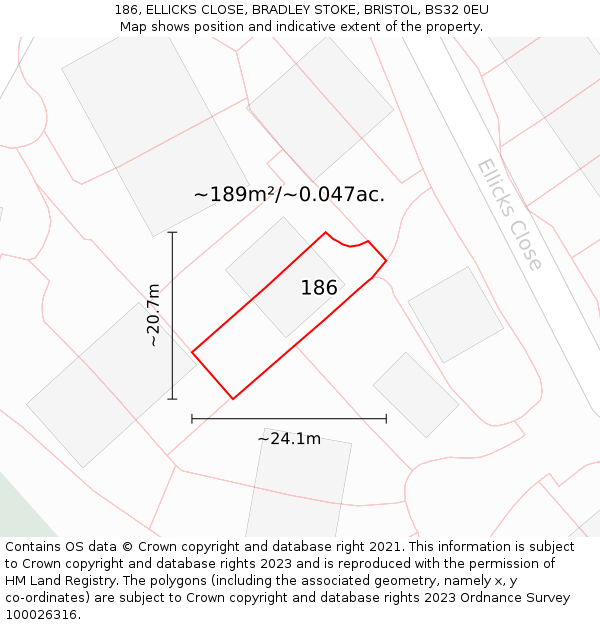 186, ELLICKS CLOSE, BRADLEY STOKE, BRISTOL, BS32 0EU: Plot and title map