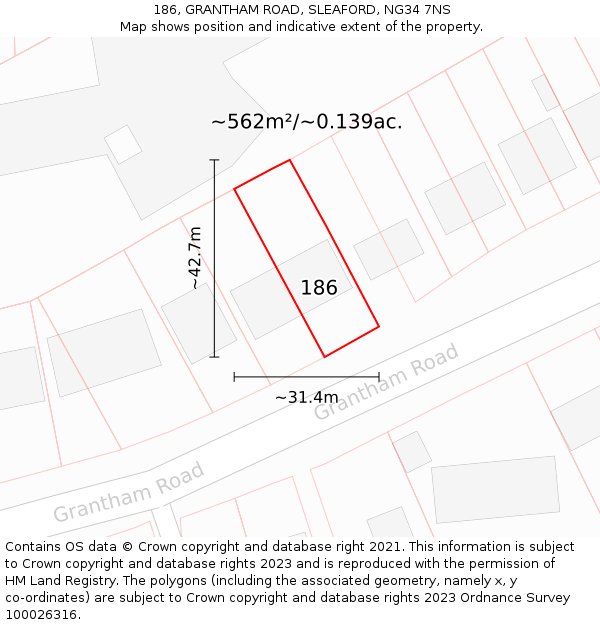 186, GRANTHAM ROAD, SLEAFORD, NG34 7NS: Plot and title map