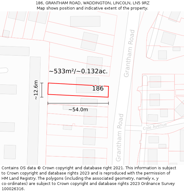 186, GRANTHAM ROAD, WADDINGTON, LINCOLN, LN5 9RZ: Plot and title map