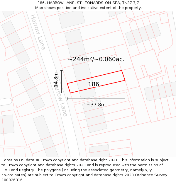 186, HARROW LANE, ST LEONARDS-ON-SEA, TN37 7JZ: Plot and title map