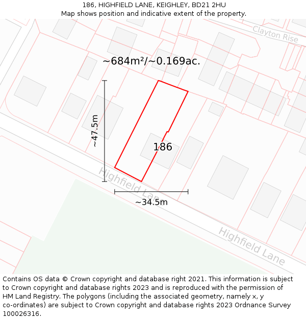 186, HIGHFIELD LANE, KEIGHLEY, BD21 2HU: Plot and title map