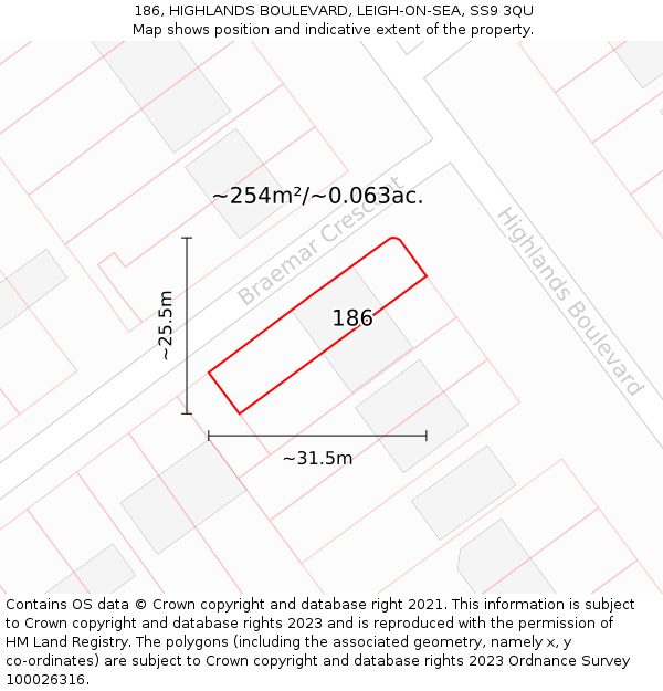 186, HIGHLANDS BOULEVARD, LEIGH-ON-SEA, SS9 3QU: Plot and title map