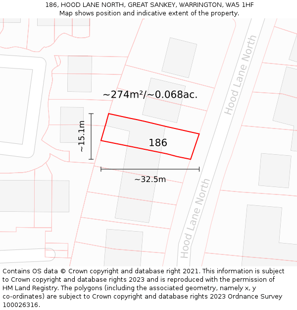 186, HOOD LANE NORTH, GREAT SANKEY, WARRINGTON, WA5 1HF: Plot and title map