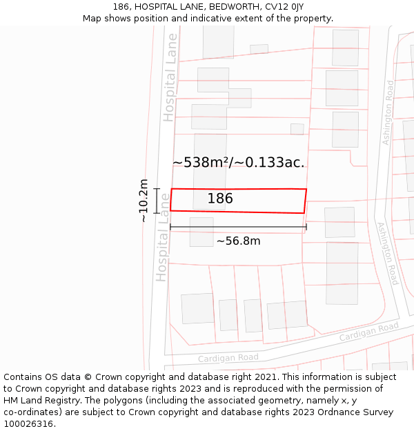 186, HOSPITAL LANE, BEDWORTH, CV12 0JY: Plot and title map