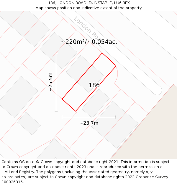 186, LONDON ROAD, DUNSTABLE, LU6 3EX: Plot and title map