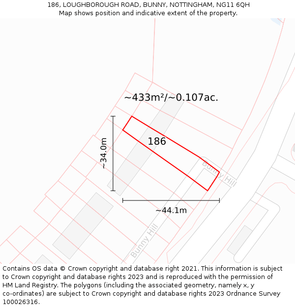 186, LOUGHBOROUGH ROAD, BUNNY, NOTTINGHAM, NG11 6QH: Plot and title map