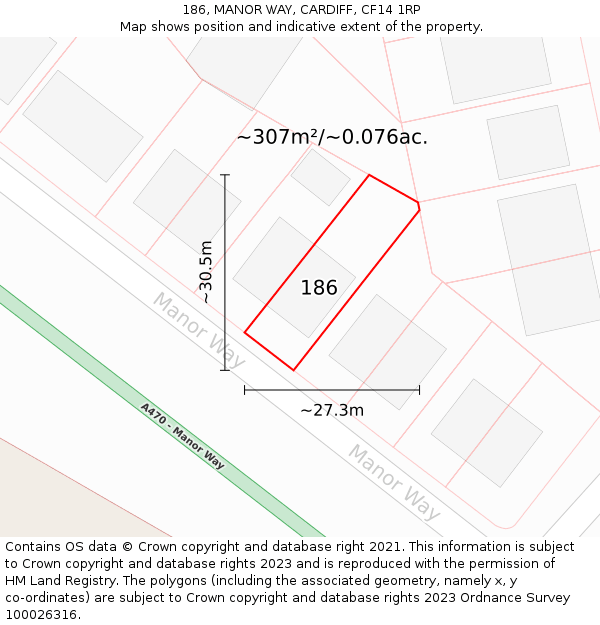 186, MANOR WAY, CARDIFF, CF14 1RP: Plot and title map