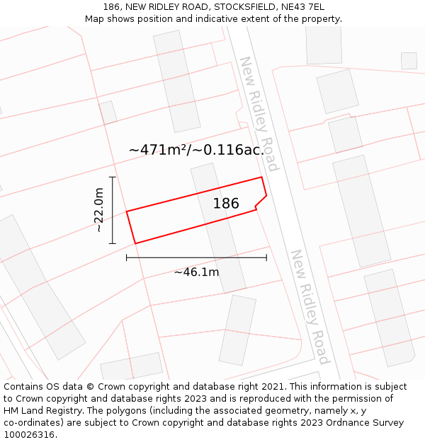 186, NEW RIDLEY ROAD, STOCKSFIELD, NE43 7EL: Plot and title map