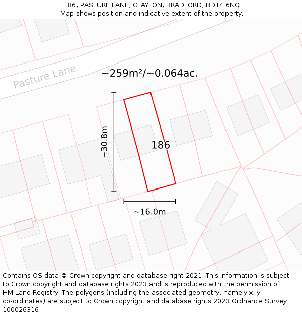 186, PASTURE LANE, CLAYTON, BRADFORD, BD14 6NQ: Plot and title map