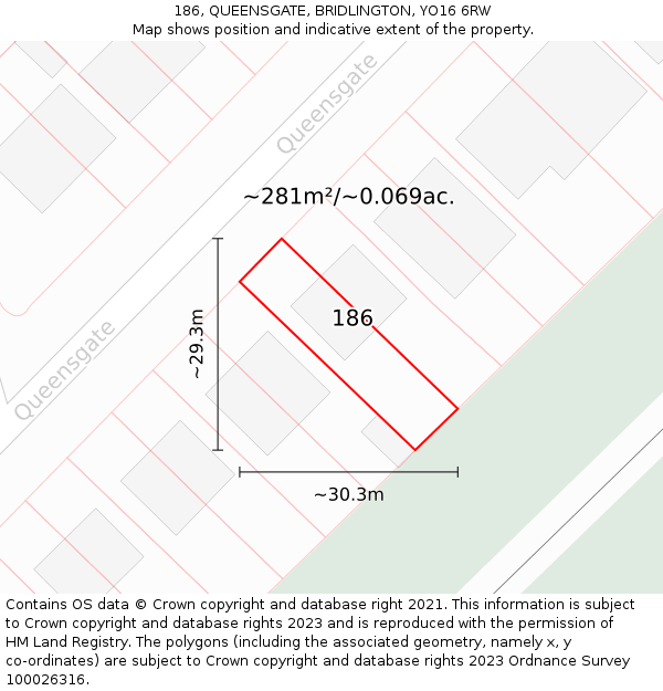 186, QUEENSGATE, BRIDLINGTON, YO16 6RW: Plot and title map