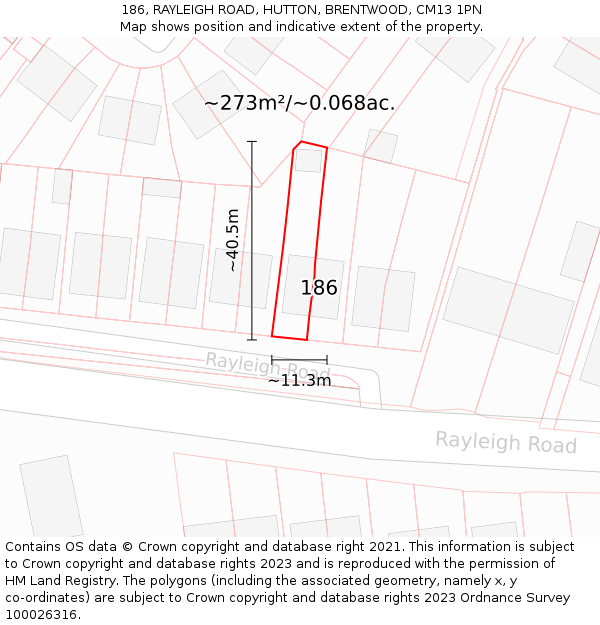 186, RAYLEIGH ROAD, HUTTON, BRENTWOOD, CM13 1PN: Plot and title map