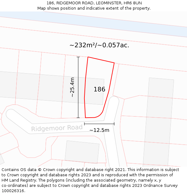 186, RIDGEMOOR ROAD, LEOMINSTER, HR6 8UN: Plot and title map