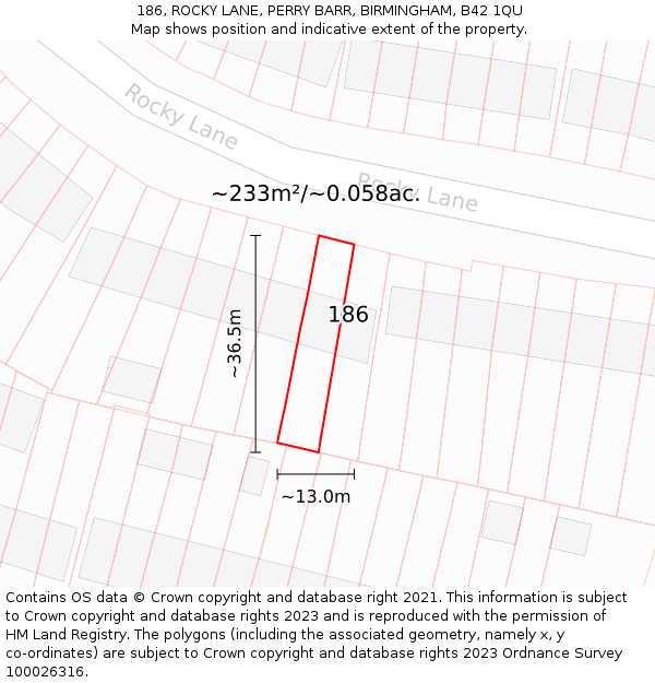 186, ROCKY LANE, PERRY BARR, BIRMINGHAM, B42 1QU: Plot and title map