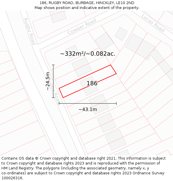 186, RUGBY ROAD, BURBAGE, HINCKLEY, LE10 2ND: Plot and title map