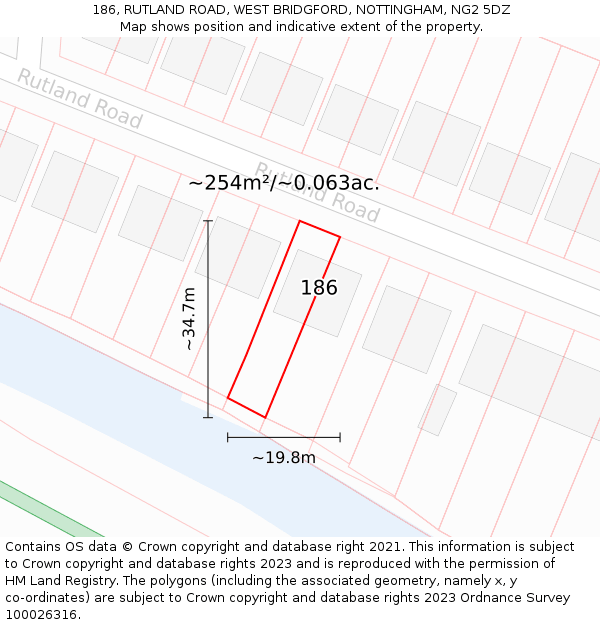 186, RUTLAND ROAD, WEST BRIDGFORD, NOTTINGHAM, NG2 5DZ: Plot and title map