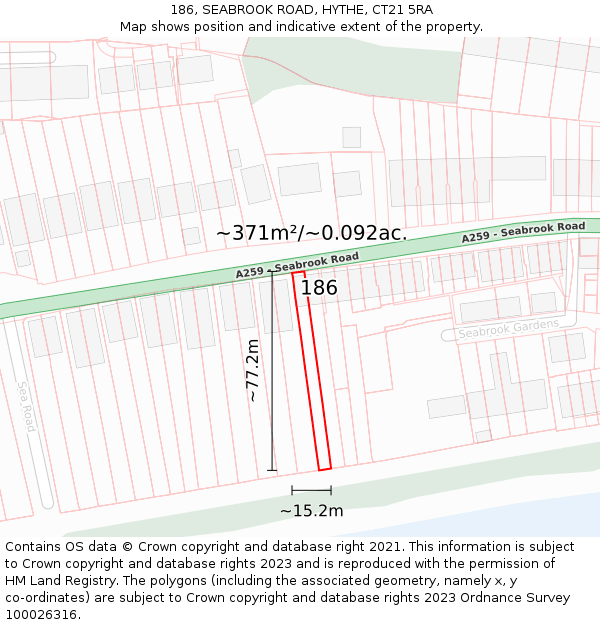 186, SEABROOK ROAD, HYTHE, CT21 5RA: Plot and title map