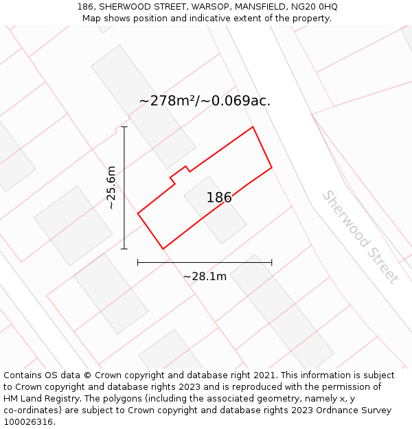 186, SHERWOOD STREET, WARSOP, MANSFIELD, NG20 0HQ: Plot and title map