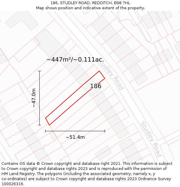 186, STUDLEY ROAD, REDDITCH, B98 7HL: Plot and title map