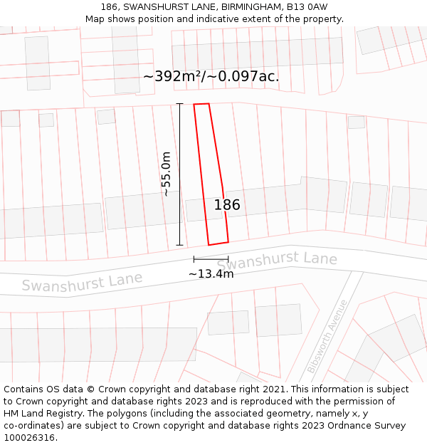 186, SWANSHURST LANE, BIRMINGHAM, B13 0AW: Plot and title map