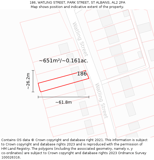 186, WATLING STREET, PARK STREET, ST ALBANS, AL2 2PA: Plot and title map