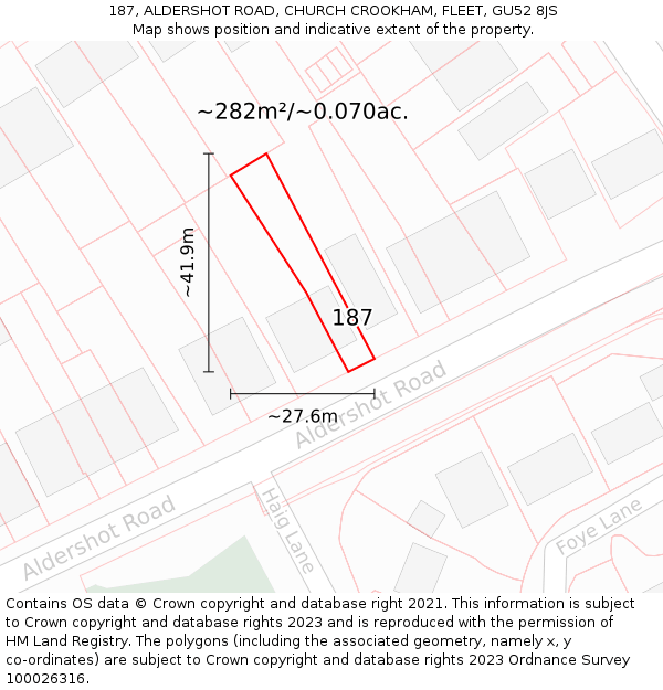 187, ALDERSHOT ROAD, CHURCH CROOKHAM, FLEET, GU52 8JS: Plot and title map