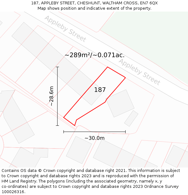 187, APPLEBY STREET, CHESHUNT, WALTHAM CROSS, EN7 6QX: Plot and title map