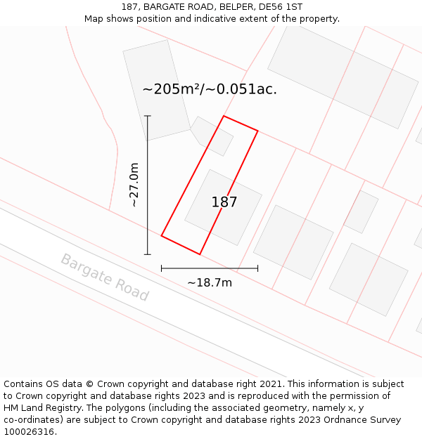 187, BARGATE ROAD, BELPER, DE56 1ST: Plot and title map