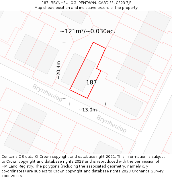 187, BRYNHEULOG, PENTWYN, CARDIFF, CF23 7JF: Plot and title map