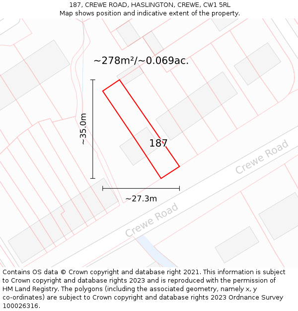 187, CREWE ROAD, HASLINGTON, CREWE, CW1 5RL: Plot and title map