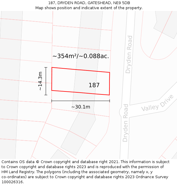 187, DRYDEN ROAD, GATESHEAD, NE9 5DB: Plot and title map