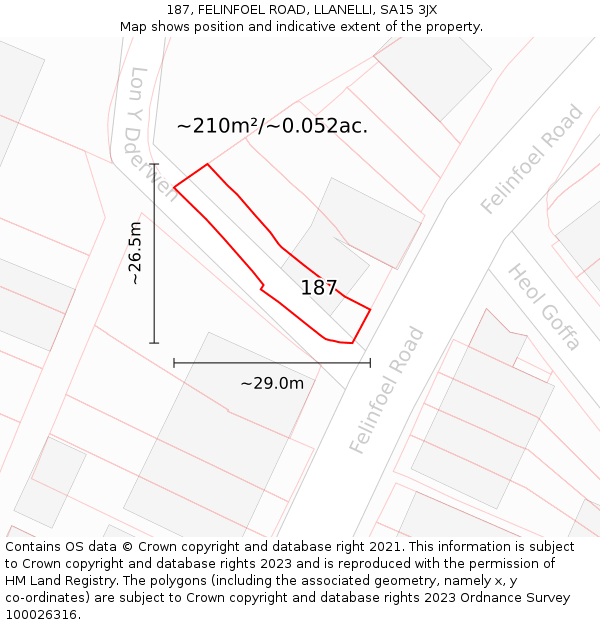 187, FELINFOEL ROAD, LLANELLI, SA15 3JX: Plot and title map