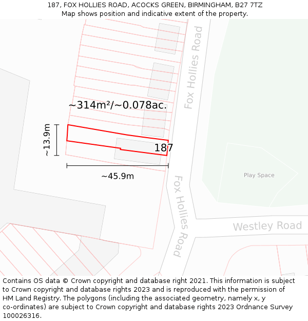 187, FOX HOLLIES ROAD, ACOCKS GREEN, BIRMINGHAM, B27 7TZ: Plot and title map