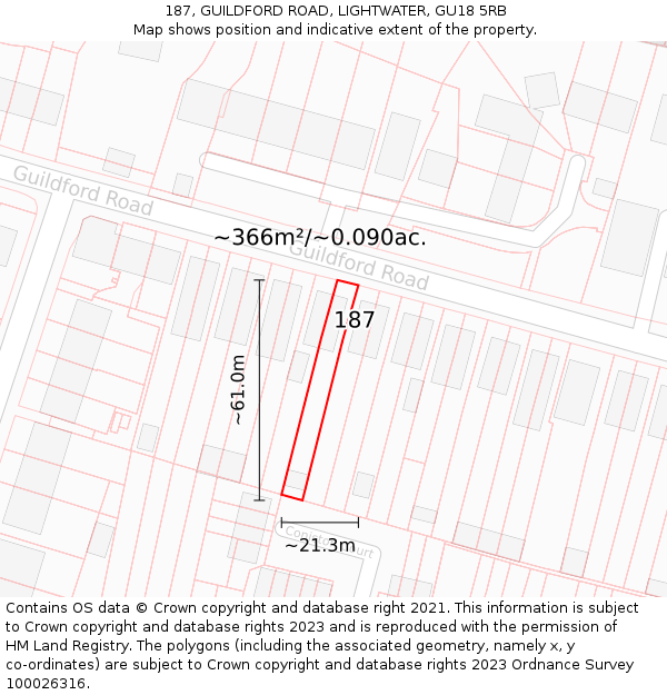 187, GUILDFORD ROAD, LIGHTWATER, GU18 5RB: Plot and title map