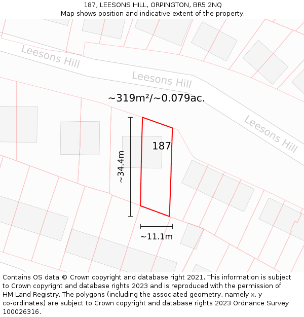 187, LEESONS HILL, ORPINGTON, BR5 2NQ: Plot and title map